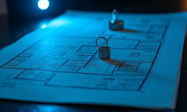 Abstract architectural blueprints and secure digital lock