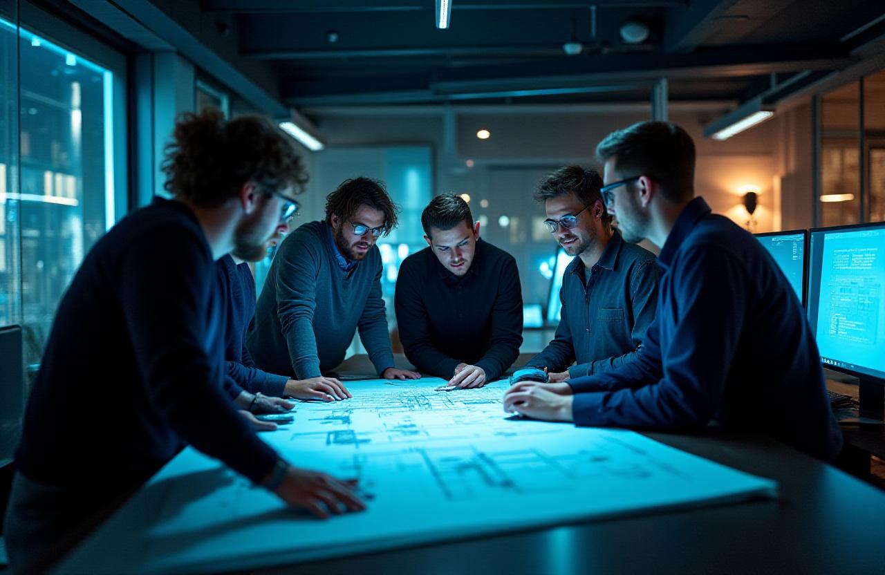 Riverbend Interiors design team collaborating in a neon-lit studio